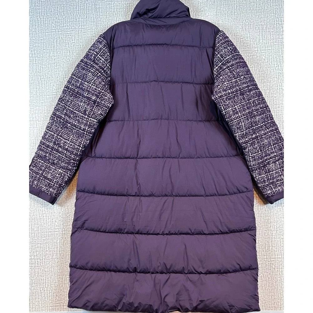 NWT Bernardo Womens EcoPlume Mixed Media Tweed Puffer Coat Purple Long Parka •L•